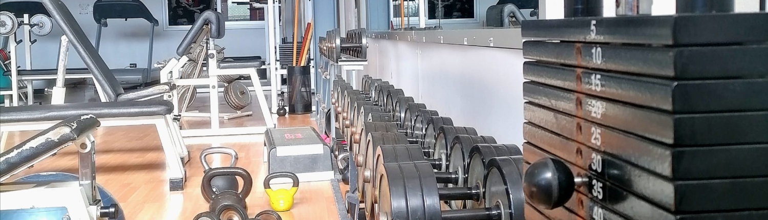 Rows of dumbbells, kettlebells, benches and weight plates inside a brightly lit gym.