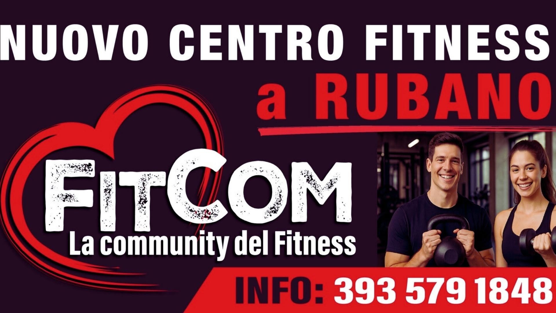 A designed fitness advertisement shows two smiling people holding dumbbells beside a large logo and bold text.