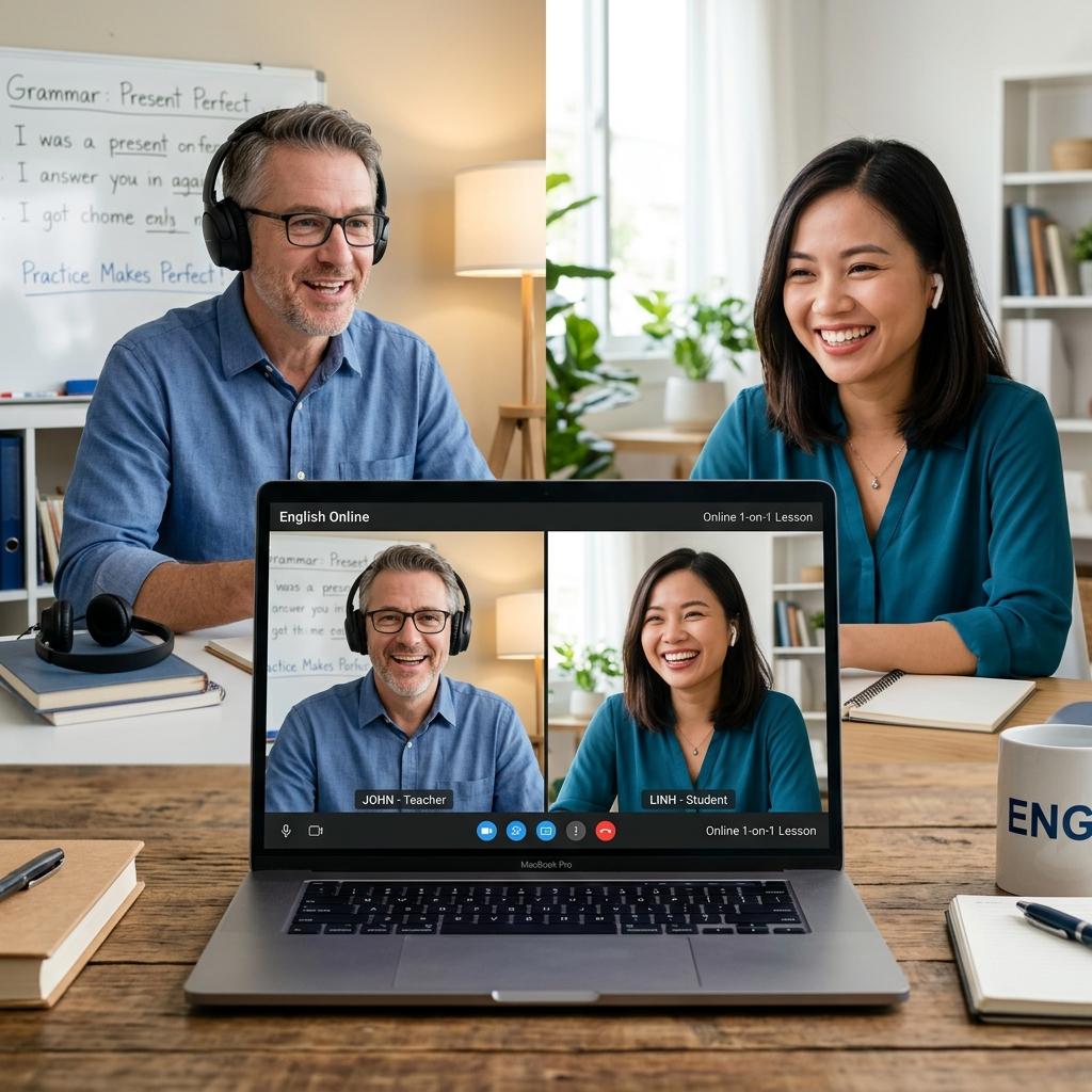 Two people engaged in an online language lesson, with a laptop displaying their video call on a desk.
