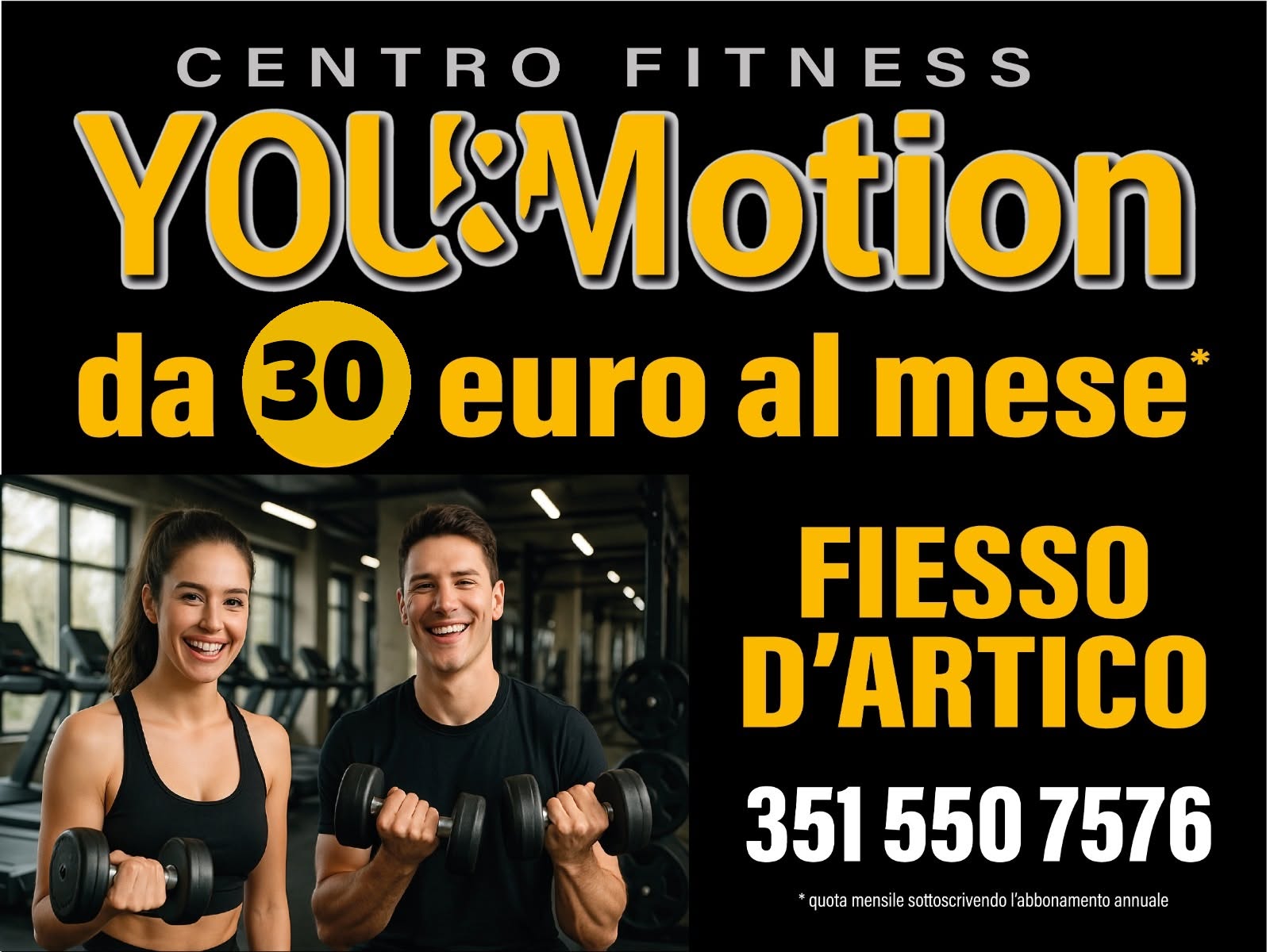 A woman and man hold dumbbells in a gym, presented within a bold promotional layout.